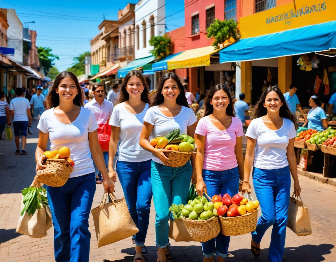 A vibrant market scene in Paraguay brimming with colorful fruits, handmade crafts, and joyful shoppers discovering great deals. A smiling family happily carrying shopping bags filled with local goods, surrounded by cheerful street vendors. Bright blue skies and lush greenery in the background, symbolizing happiness and abundance. super-realistic. vibrant colors. sunny atmosphere.
