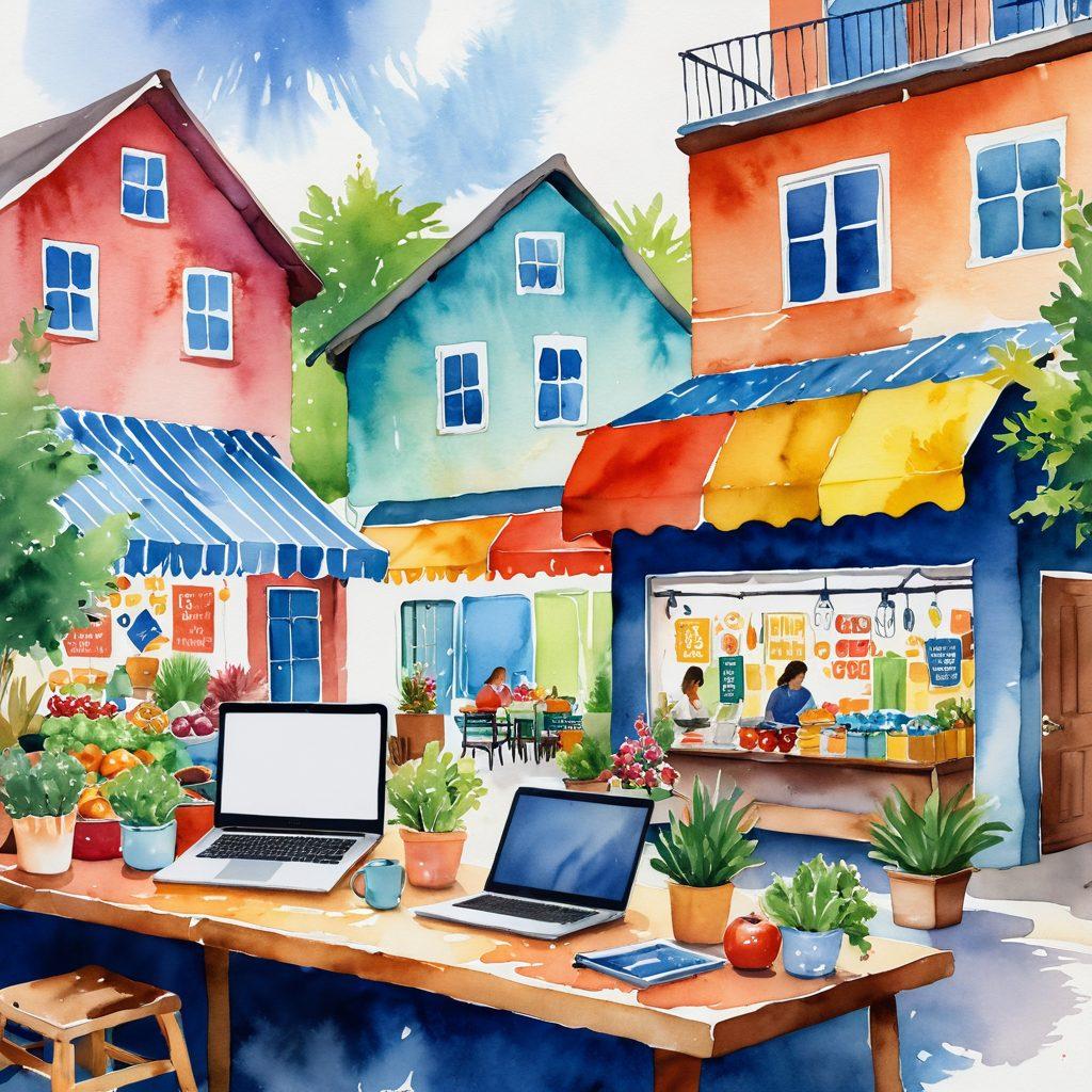 A vibrant scene depicting a cheerful local market filled with colorful stalls, juxtaposed with a cozy modern home showcasing online shopping on a laptop. Include happy people engaging in both shopping experiences, showcasing products like fresh produce and stylish clothing. Bright colors to highlight the joy of shopping in both environments, creating a sense of community and convenience. watercolor style. vibrant colors. warm ambiance.