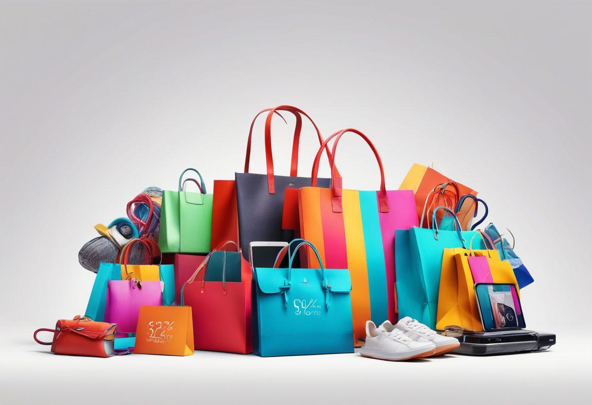A vibrant collage showcasing a stylish shopping bag filled with trendy fashion items like clothes and accessories alongside sleek electronics like smartphones and headphones. In the background, a bright tag displays discount percentages, symbolizing amazing deals. The scene radiates energy and excitement of shopping savings, with colorful price tags and shopping cart icons subtly woven into the design. Bold graphics and dynamic lines create a modern and inviting atmosphere. digital illustration. vibrant colors. white background.